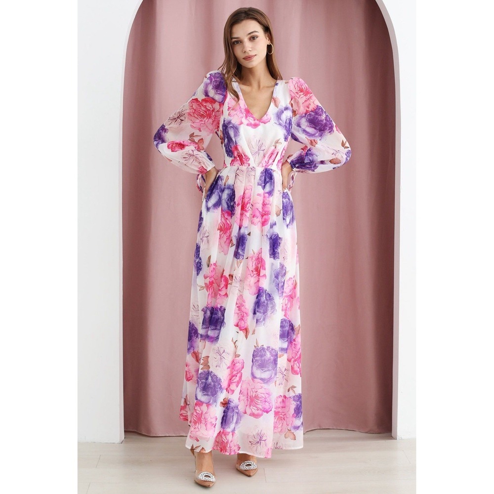 Giffniseti Elegant Floral Maxi Evening  V Neck Puff Sleeve Empire Waist Dress